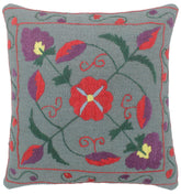 handmade  Pillow Gray Red Hand-Woven SQUARE 100% Wool Suzani Throw Pillow